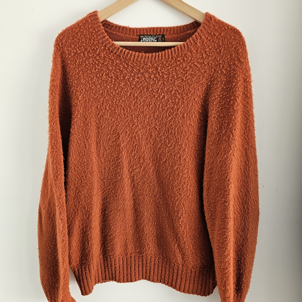Vintage Mohair Crew Neck Sweater Large Burnt Orange Grunge Fuzzy Cozy Zodiac 80s